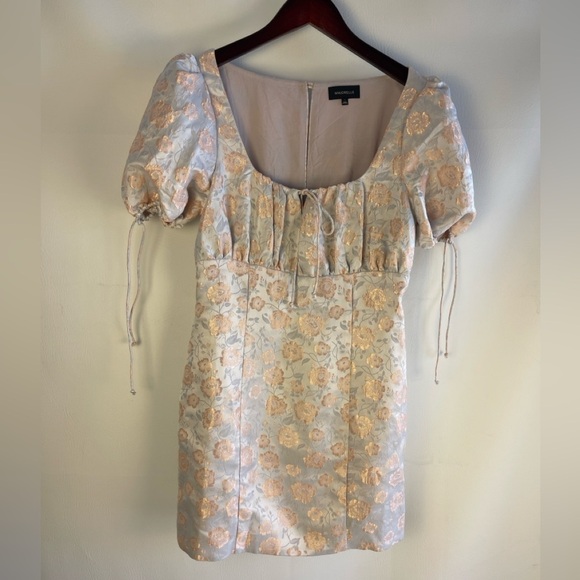 Majorelle Baby Blue Puff Sleeve Mini Dress with Peach Floral Print. Size Small - Picture 9 of 10